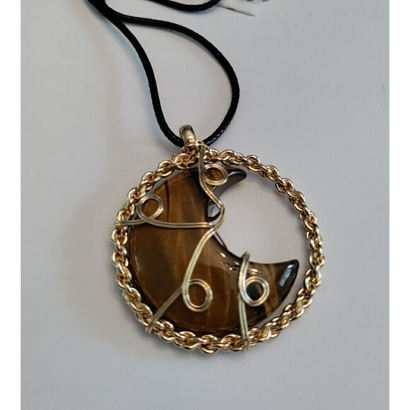 Moon Pendant Tiger Eye Gem Stone  Crystal Necklace 1.5" Diameter - Picture 2 of 5